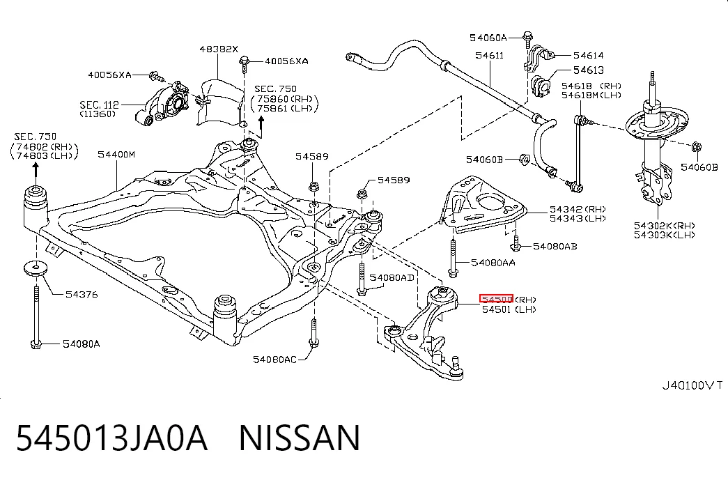 545013JA0A Nissan/Infiniti Рычаг передней подвески нижний, правый