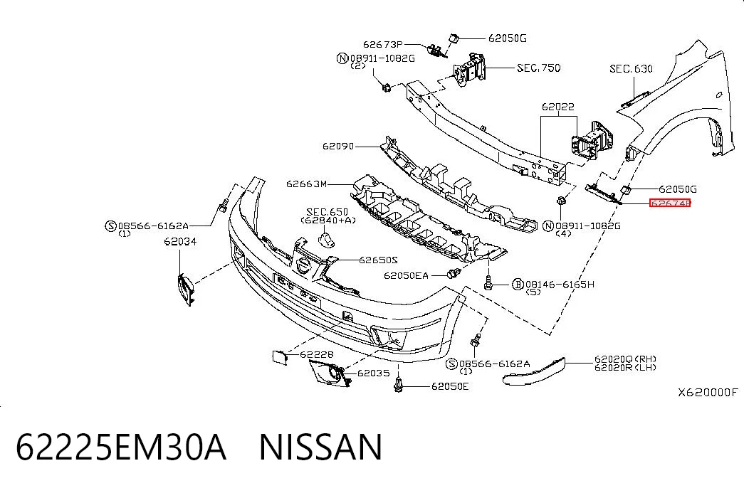 62225EM30A Nissan/Infiniti Левое крепление переднего бампера
