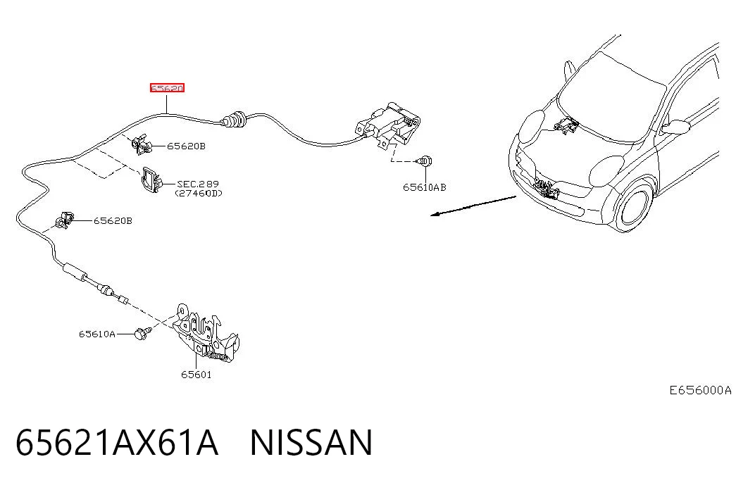 Трос открытия капота на Nissan Micra  K12