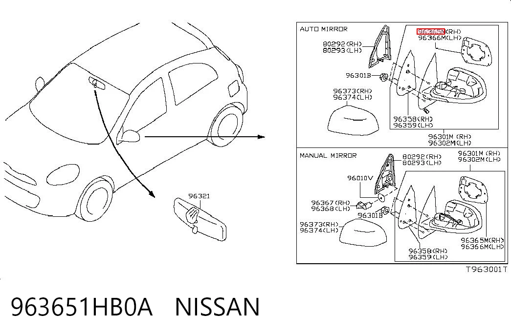 Стекло правого зеркала заднего вида 963651HB0A Renault (RVI)