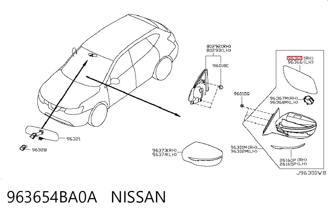 963654BA0A Nissan/Infiniti Зеркальный элемент правого зеркала заднего вида