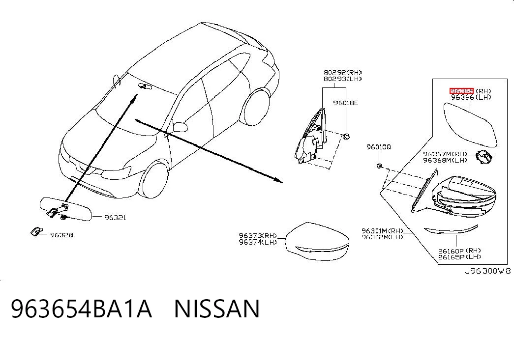 963654BA1A Nissan/Infiniti Зеркальный элемент правого зеркала заднего вида