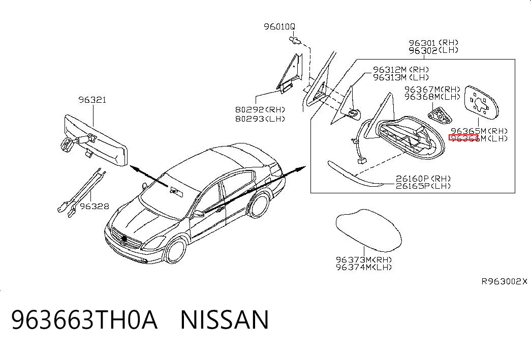 963663TH0A Nissan/Infiniti Зеркальный элемент левого зеркала заднего вида