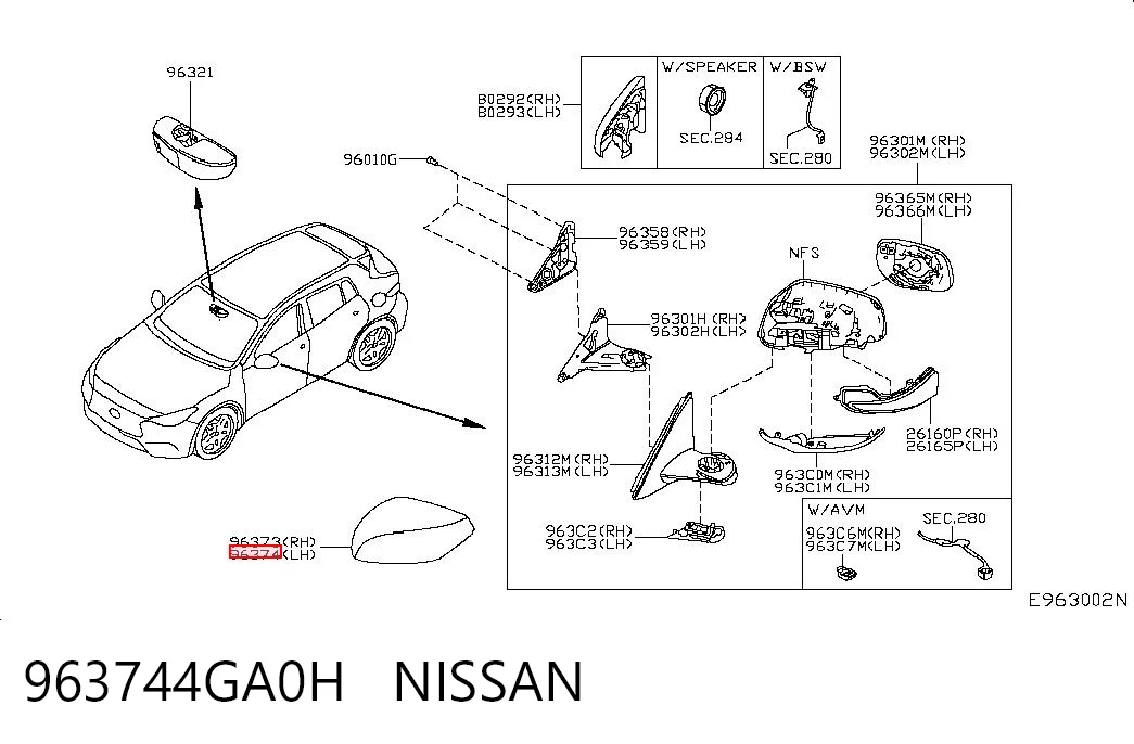963744GA0H Nissan/Infiniti Накладка зеркала заднего вида, левая