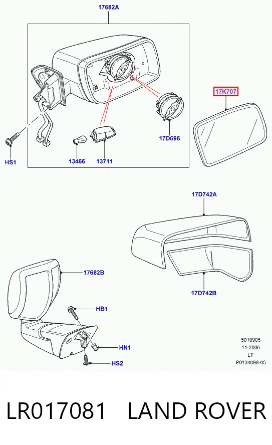 AH2217K707AA Land Rover Зеркальный элемент правого зеркала заднего вида