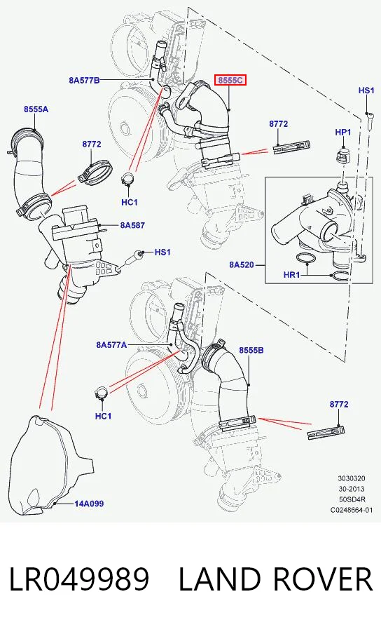 LR049989 Land Rover Шланг (патрубок) термостата