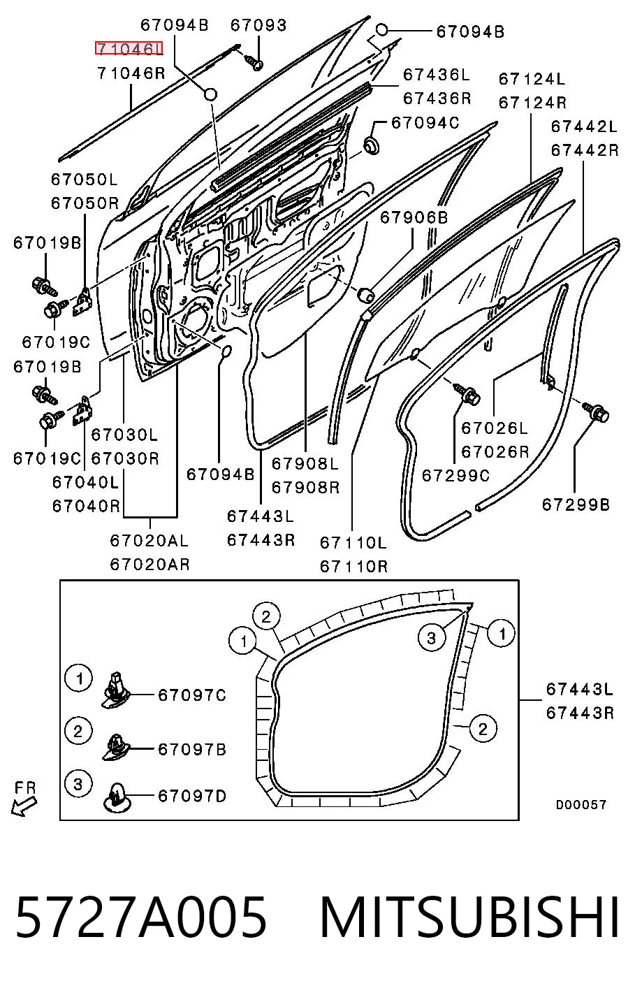 5727A005 Mitsubishi Уплотнитель стекла двери передней левой внешний