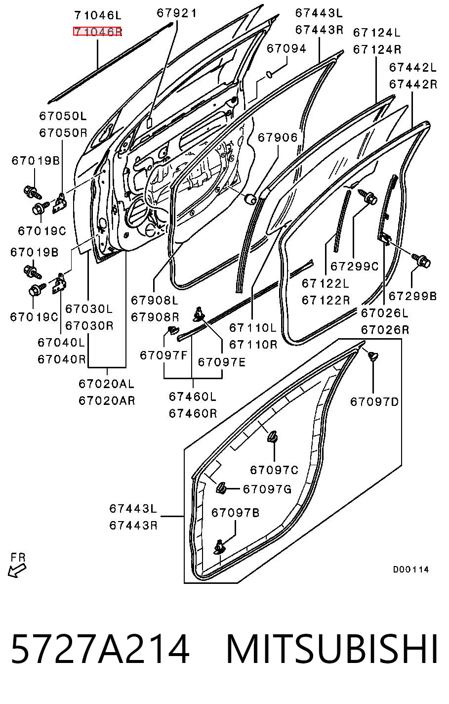 5727A214 Mitsubishi Уплотнитель стекла двери передней правой внешний (планка)