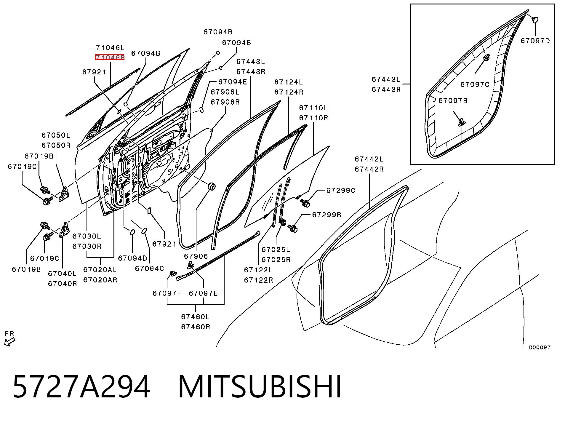 5727A294 Mitsubishi Уплотнитель стекла двери передней правой внешний (планка)