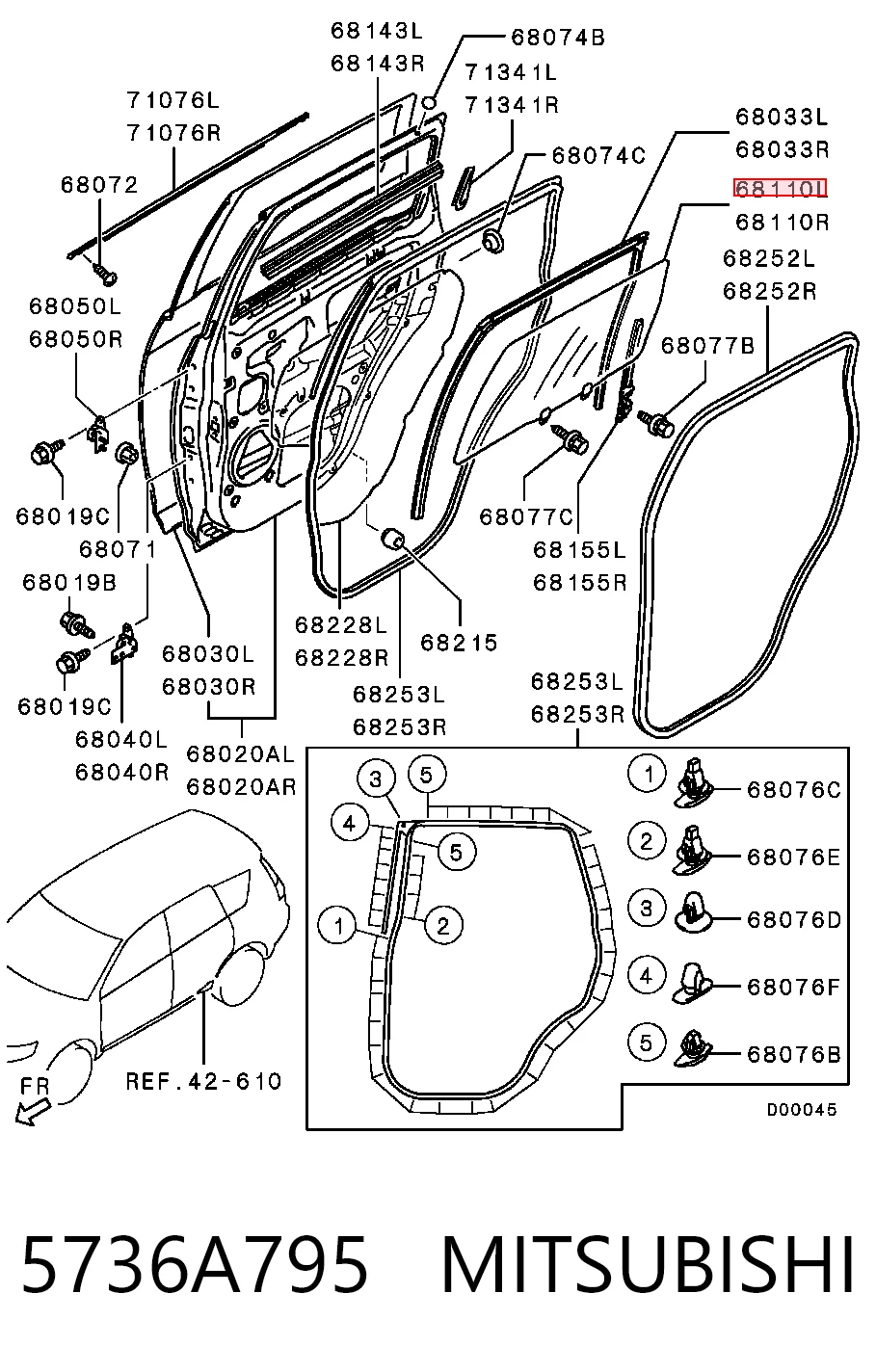 5736A325 Chrysler Стекло двери задней левой