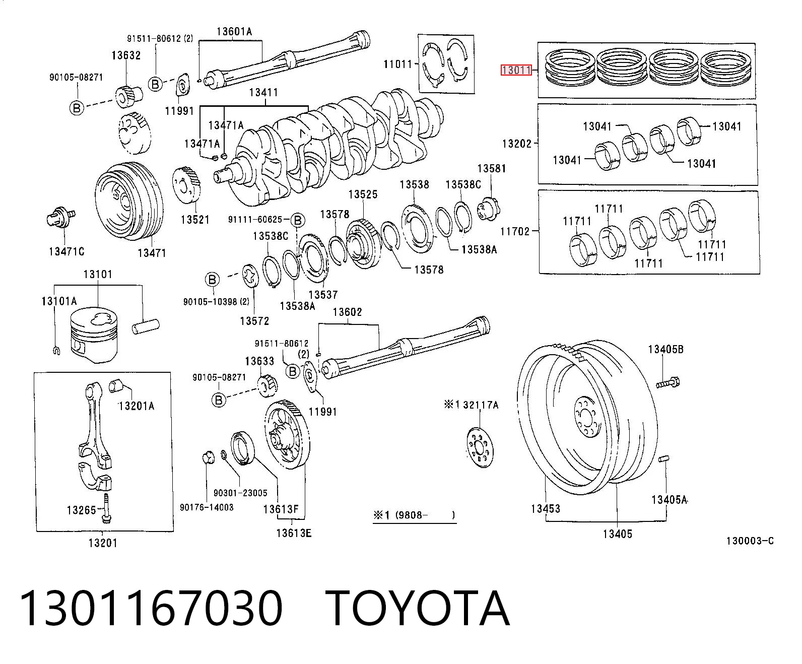 1301167030 Toyota Комплект поршневых колец, STD