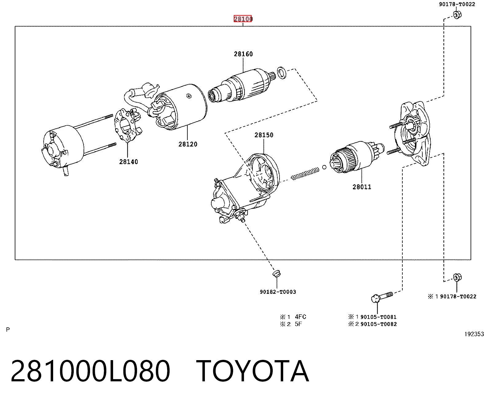 281000L080 Toyota Стартер автомобиля