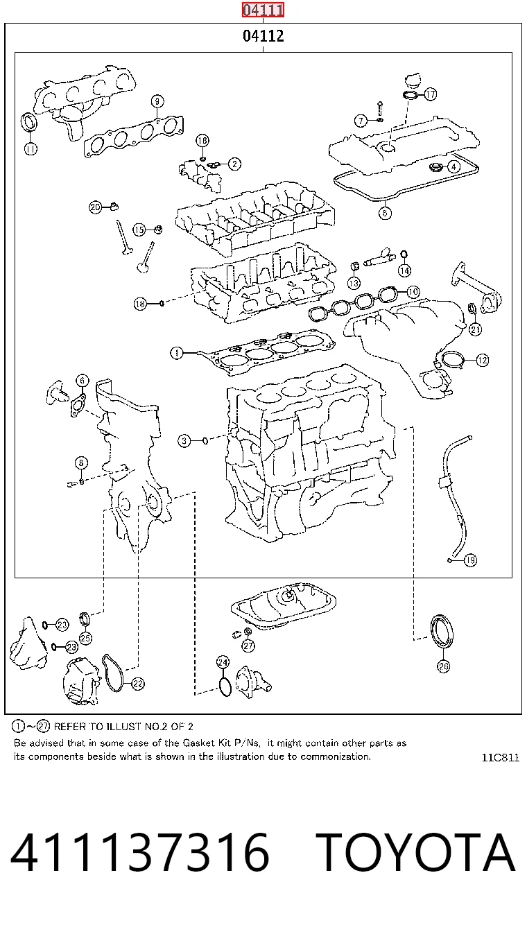 411137316 Toyota Комплект прокладок на двигатель