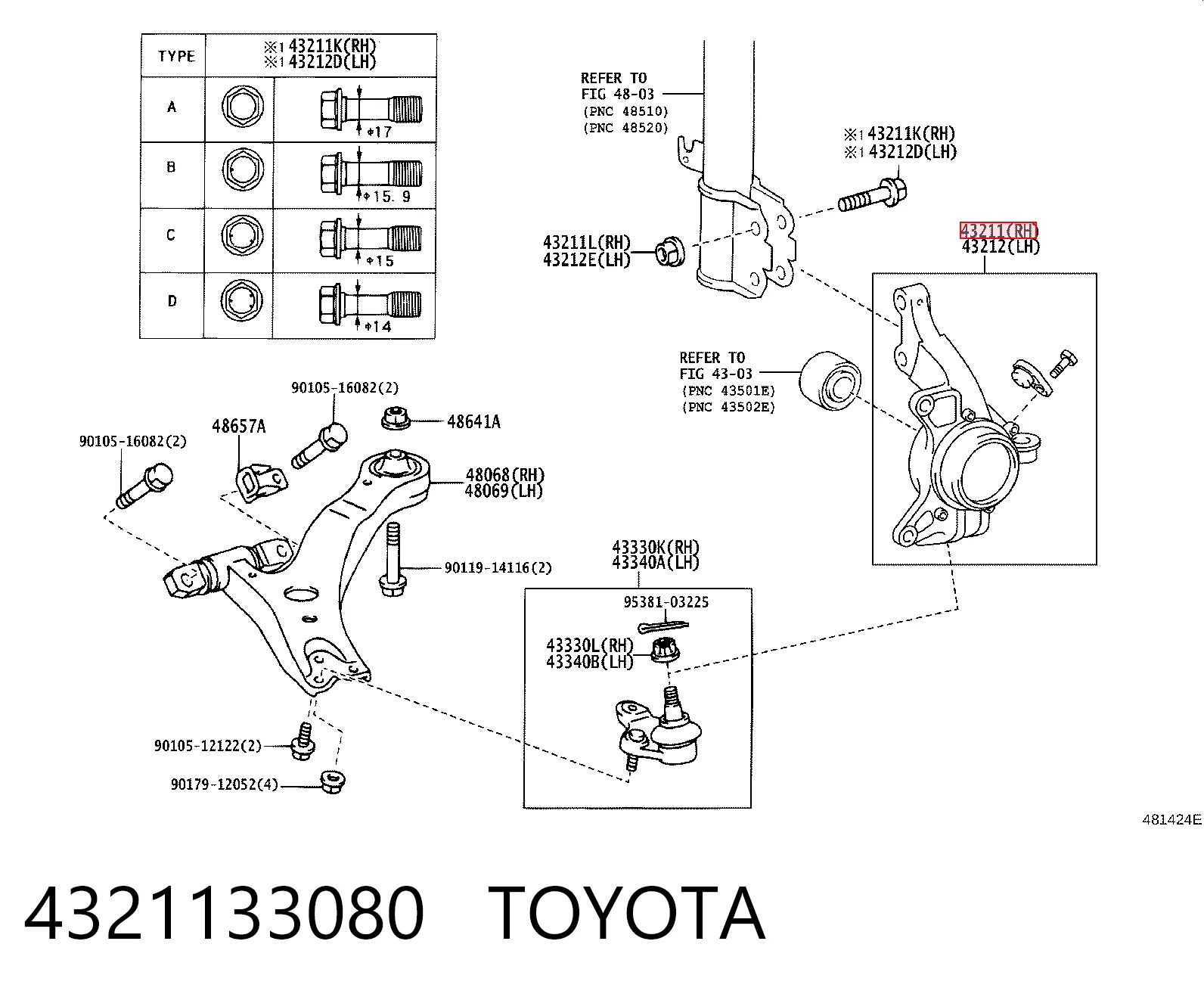 4321133080 Toyota Цапфа - поворотный кулак передний, правый