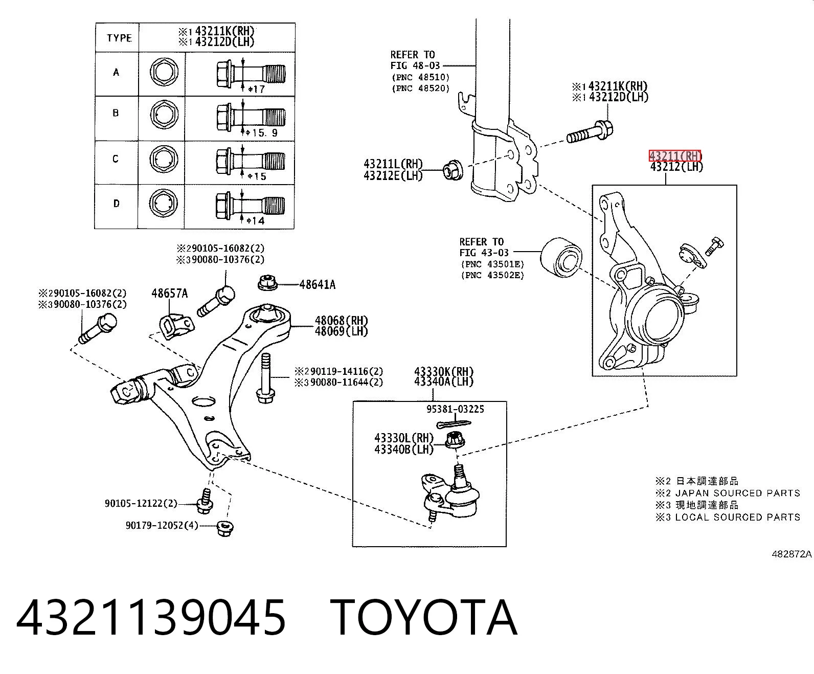 4321139045 Toyota Цапфа - поворотный кулак передний, правый