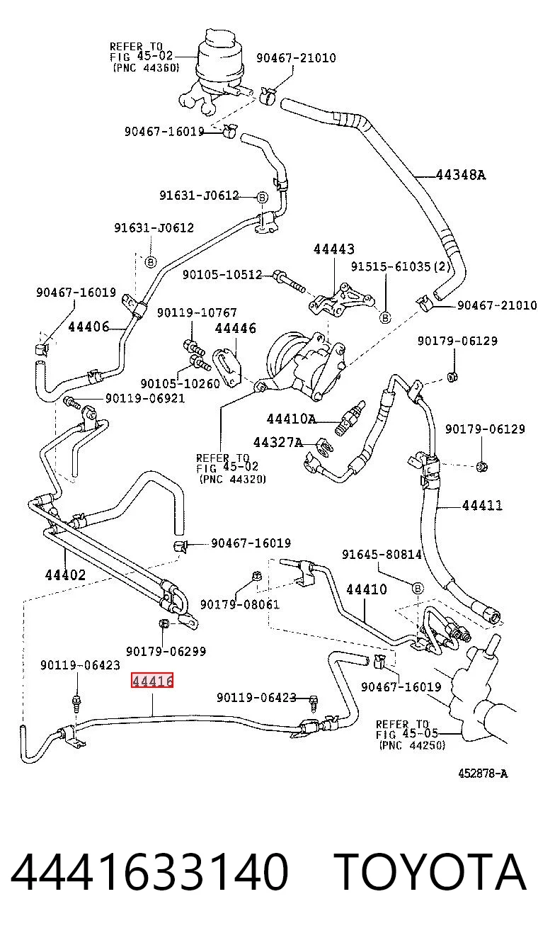 4441633140 Toyota Шланг ГУР низкого давления, от рейки (механизма) к радиатору