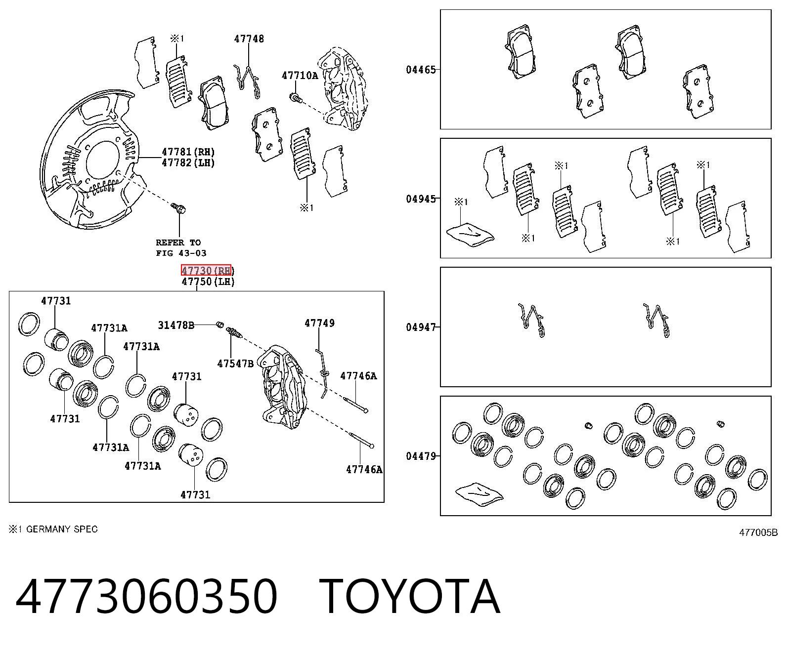 4773060350 Toyota Суппорт тормозной, передний, правый