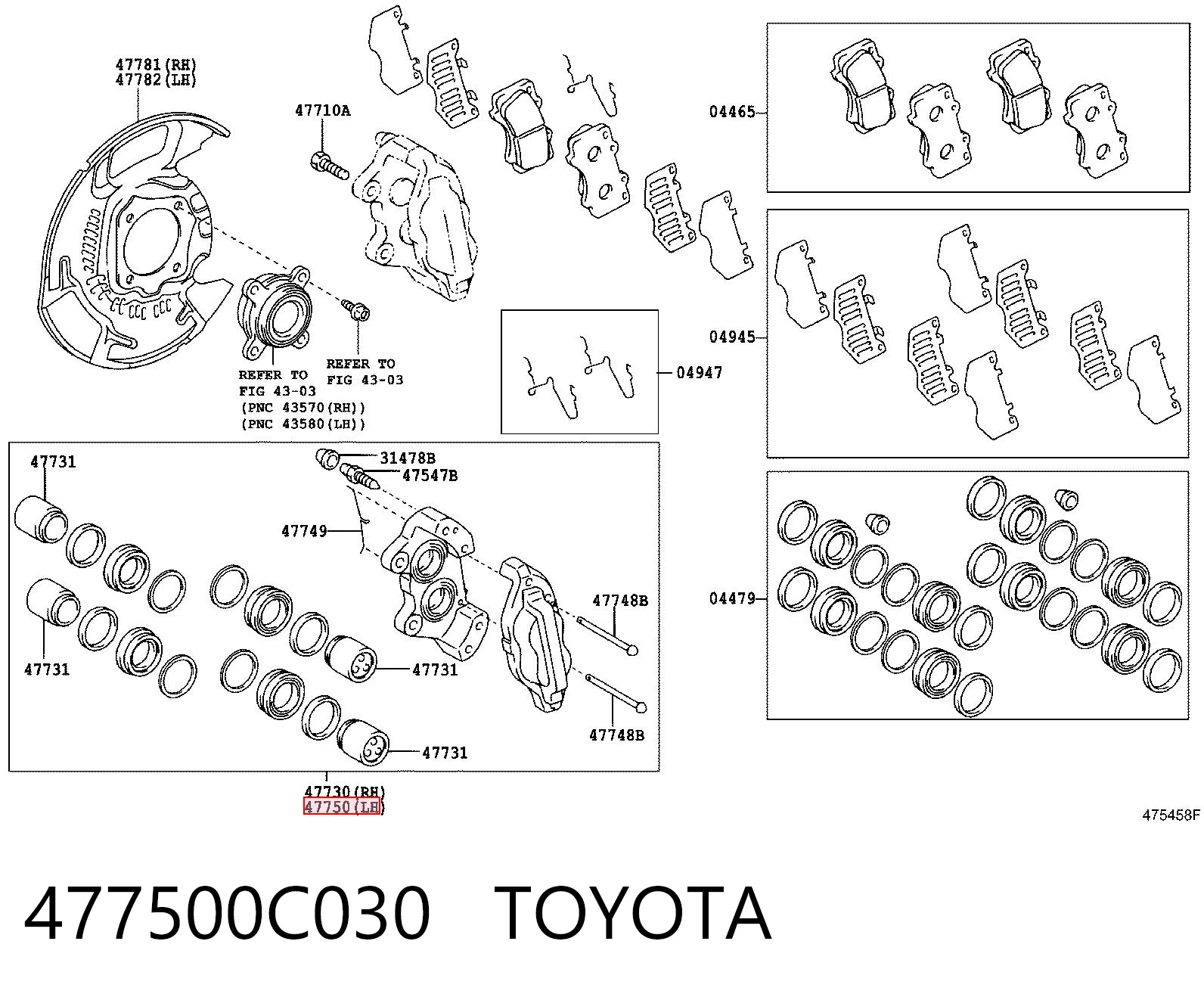 477500C030 Toyota Суппорт тормозной, передний, левый