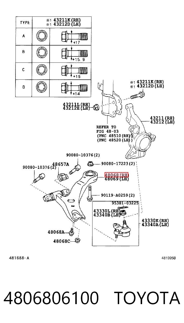 4806806100 Toyota Рычаг передней подвески нижний, правый
