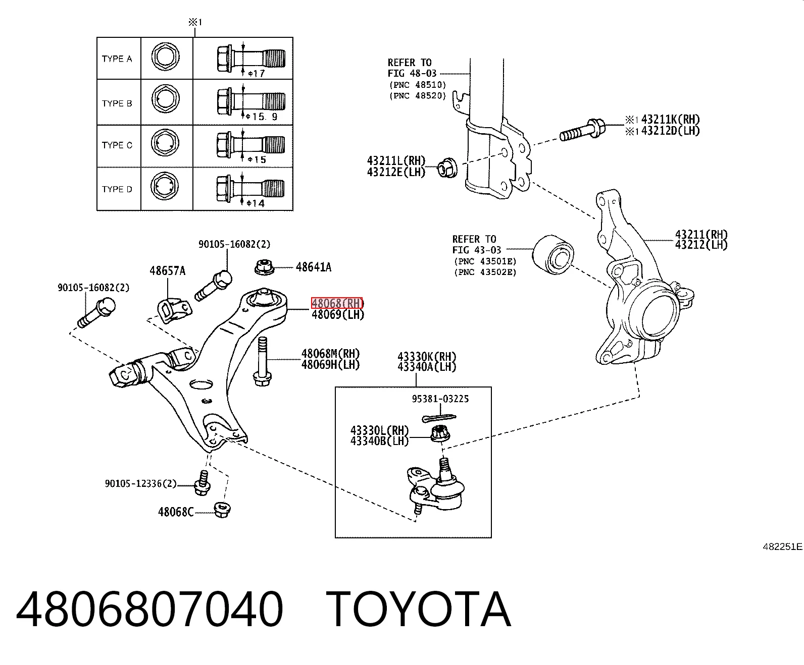 4806807040 Toyota Рычаг передней подвески нижний, правый