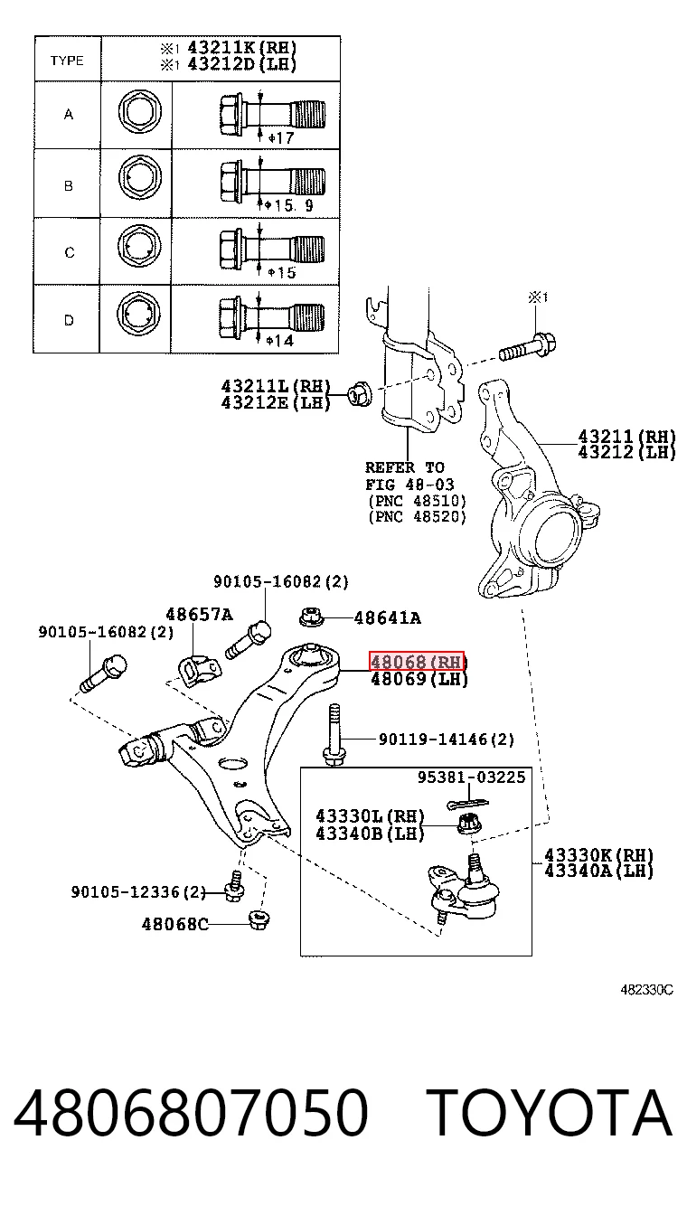 4806807050 Toyota Рычаг передней подвески нижний, правый