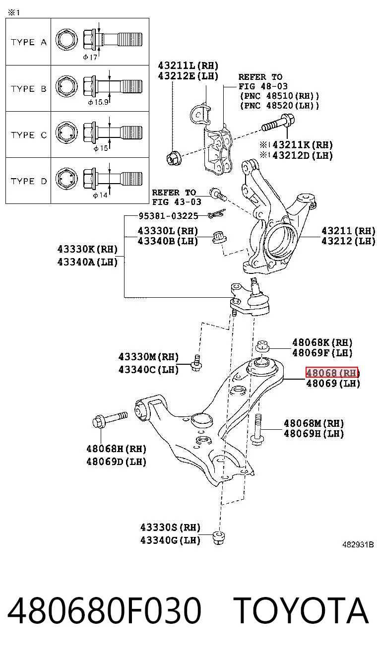 480680F030 Toyota Рычаг передней подвески нижний, правый