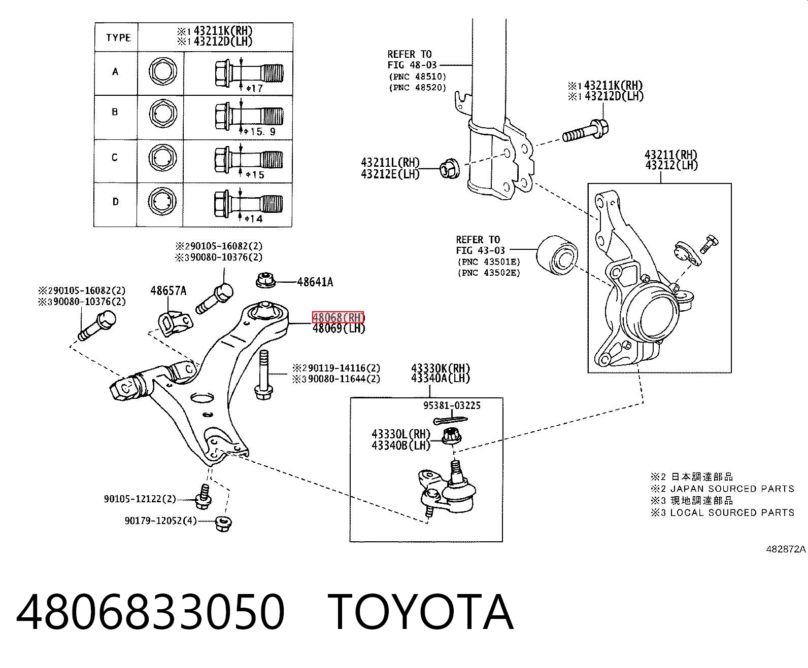 4806833050 Toyota Рычаг передней подвески нижний, правый