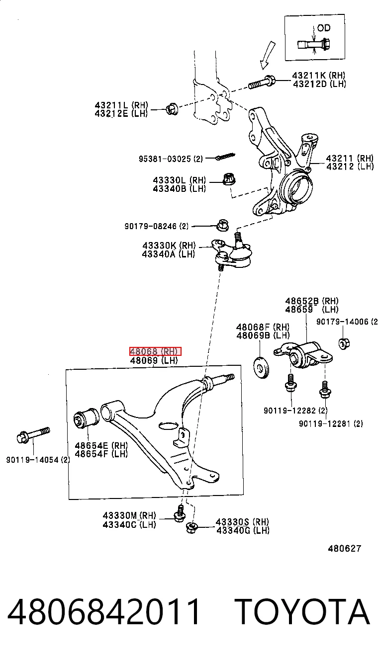 4806842011 Toyota Рычаг передней подвески нижний, правый