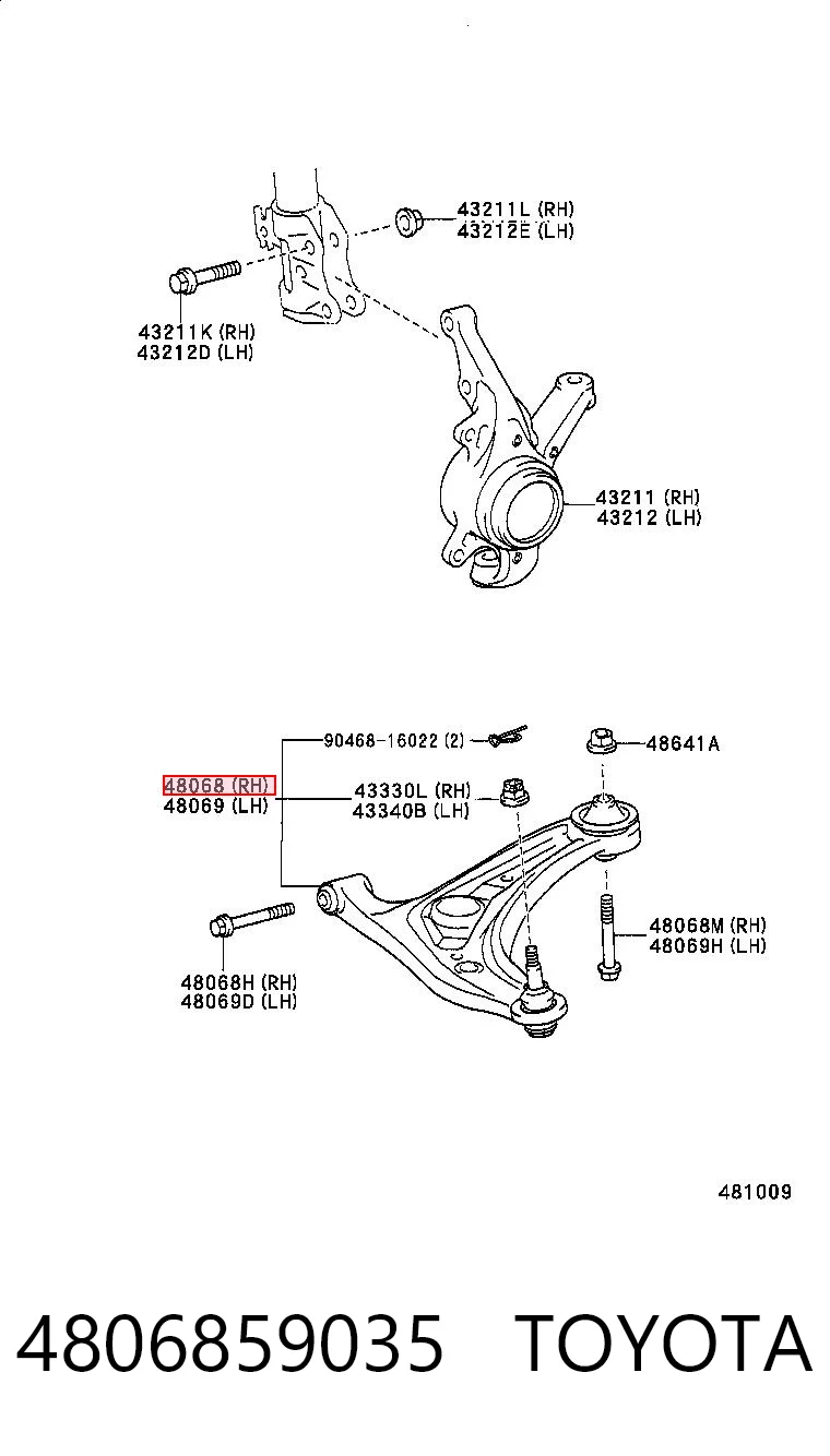 4806859035 Toyota Рычаг передней подвески нижний, правый