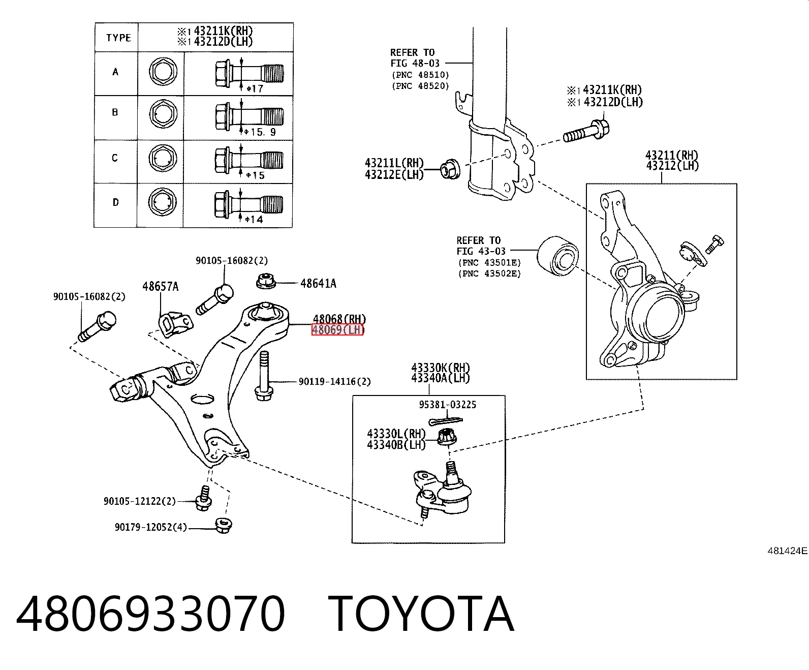 Левый рычаг передней нижней подвески Toyota 4806933070 цена, от 40.91 USD