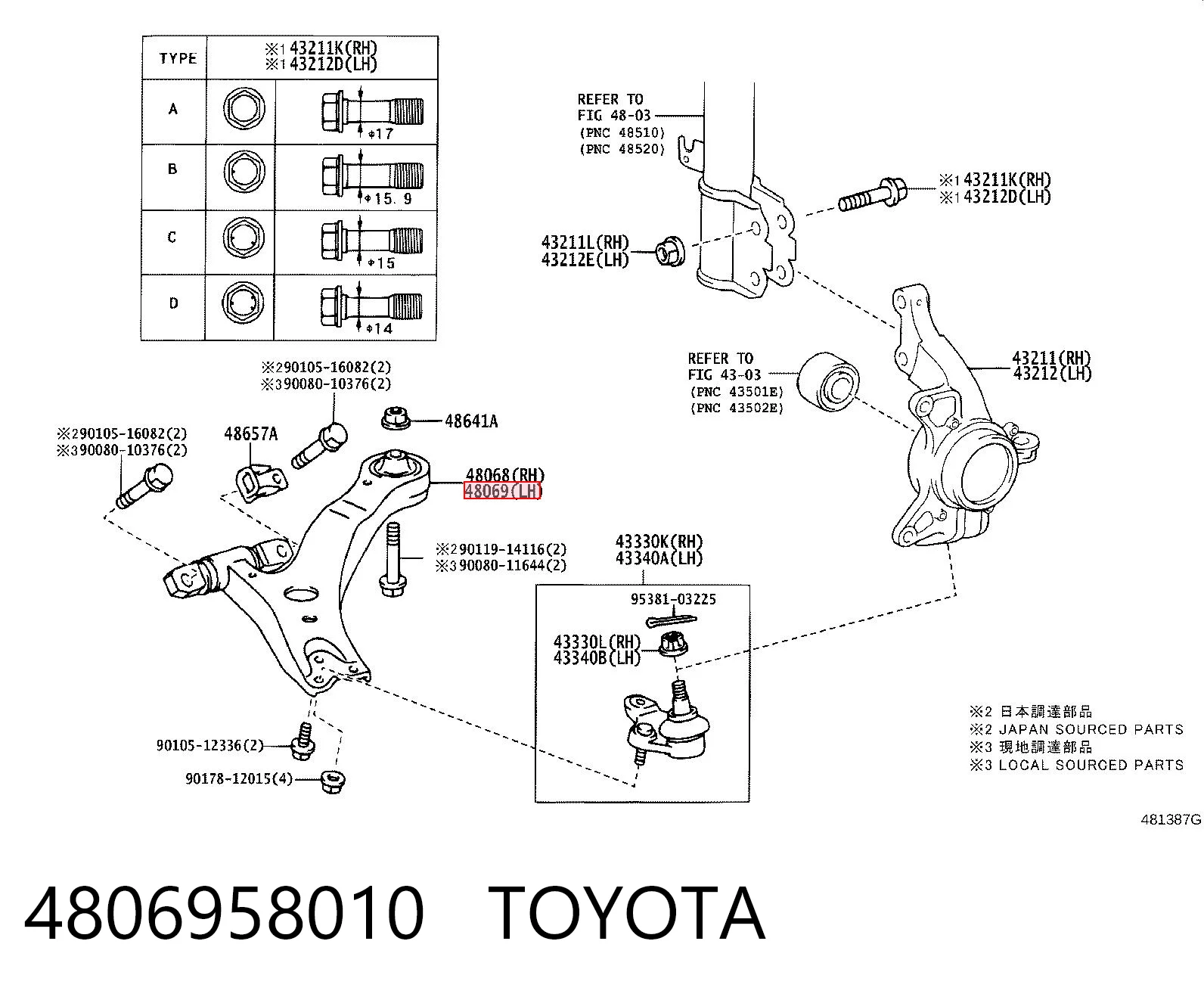 4806958010 Toyota Рычаг передней подвески нижний левый