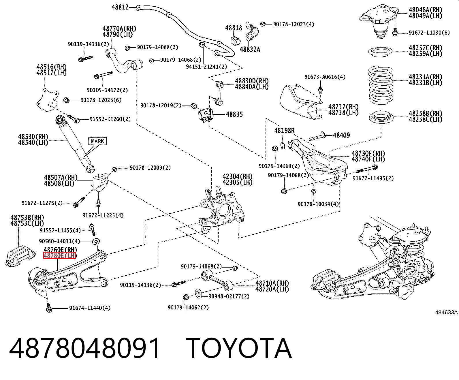 4878048091 Toyota Рычаг (тяга) задней подвески продольный нижний левый