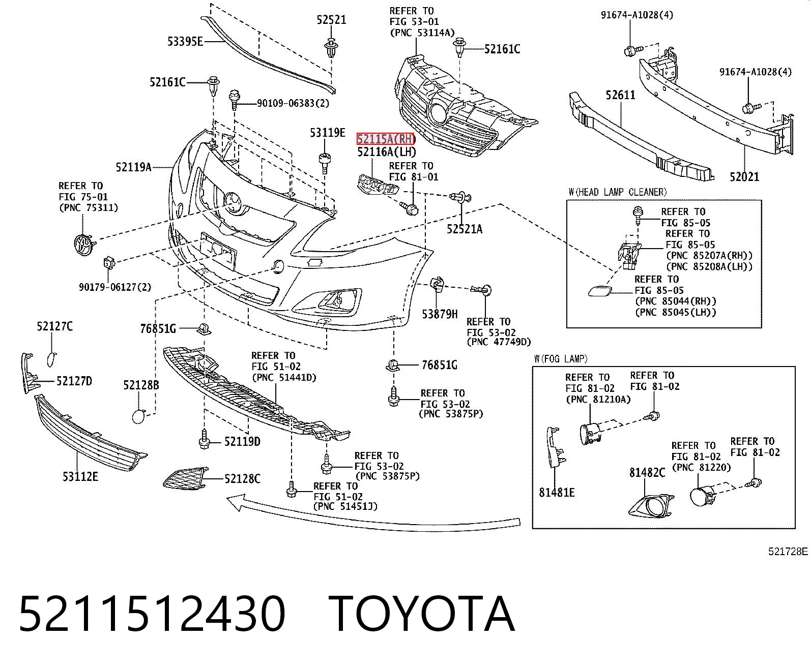 5211512430 Toyota Кронштейн крепления бампера переднего правый