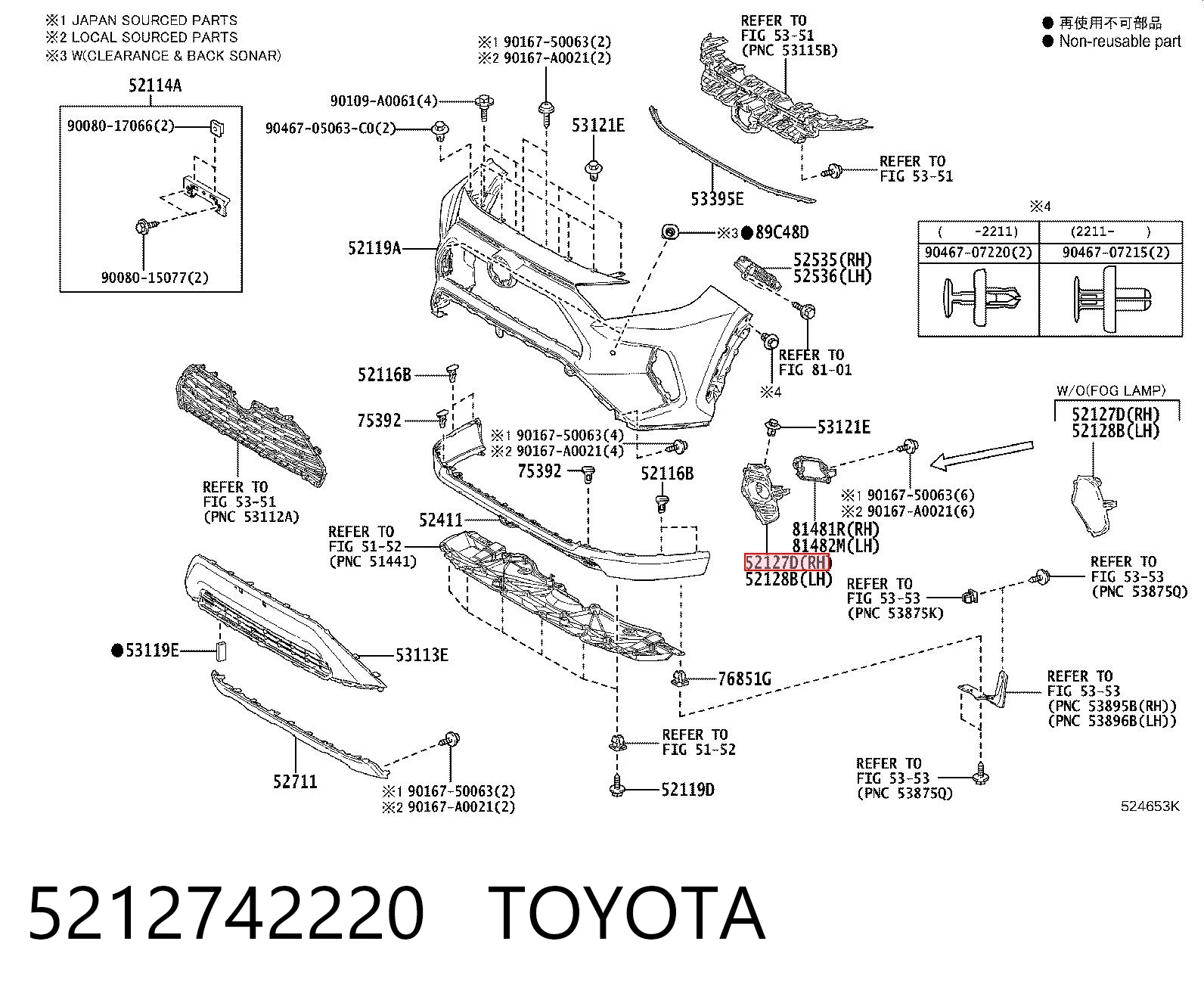 5212742220 Toyota Заглушка ПТФ бампера переднего правая