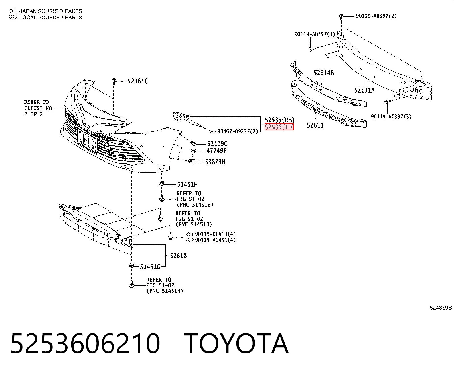 5253606210 Toyota Левое крепление переднего бампера
