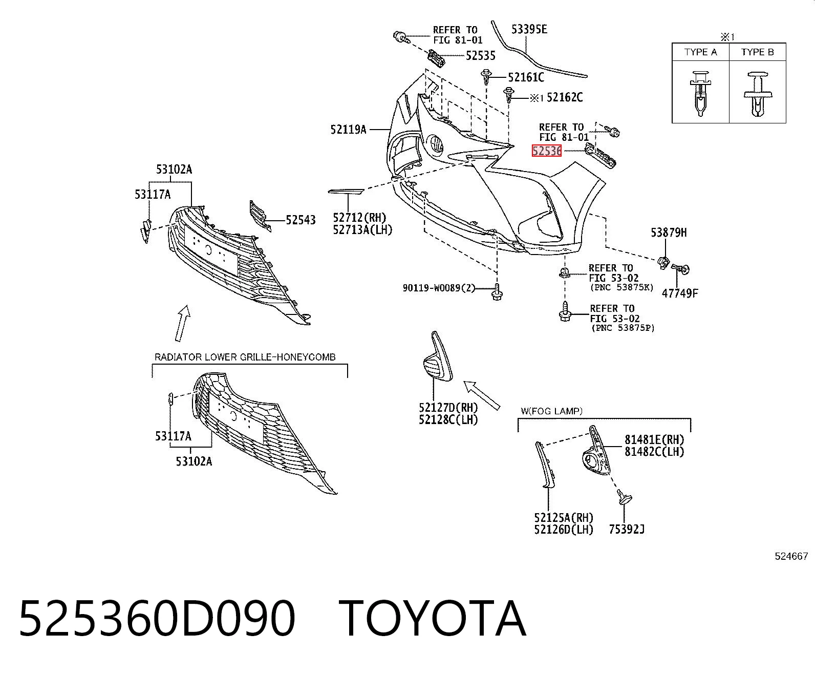 525360D090 Toyota Левое крепление переднего бампера