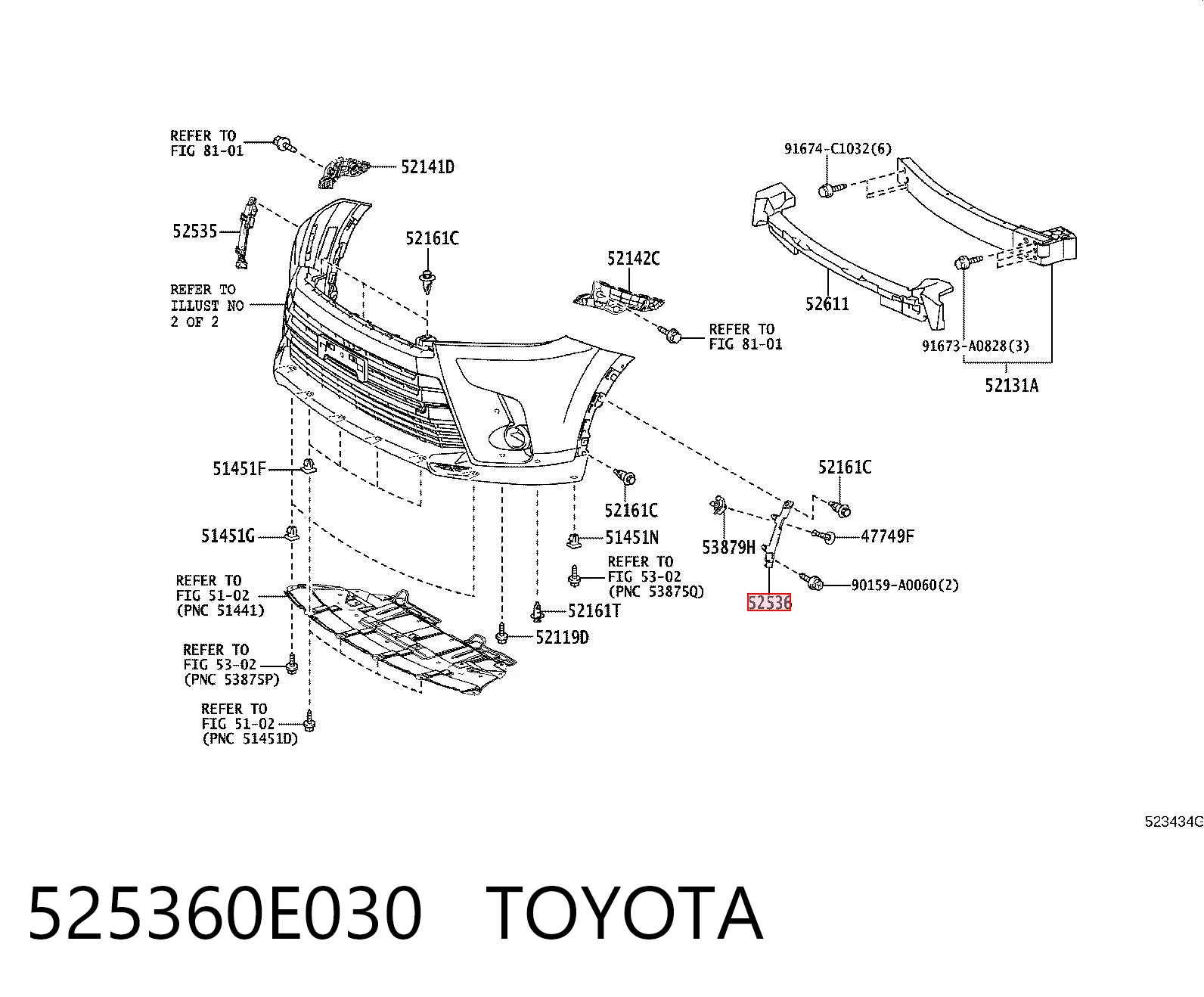 525360E030 Toyota Левое крепление переднего бампера