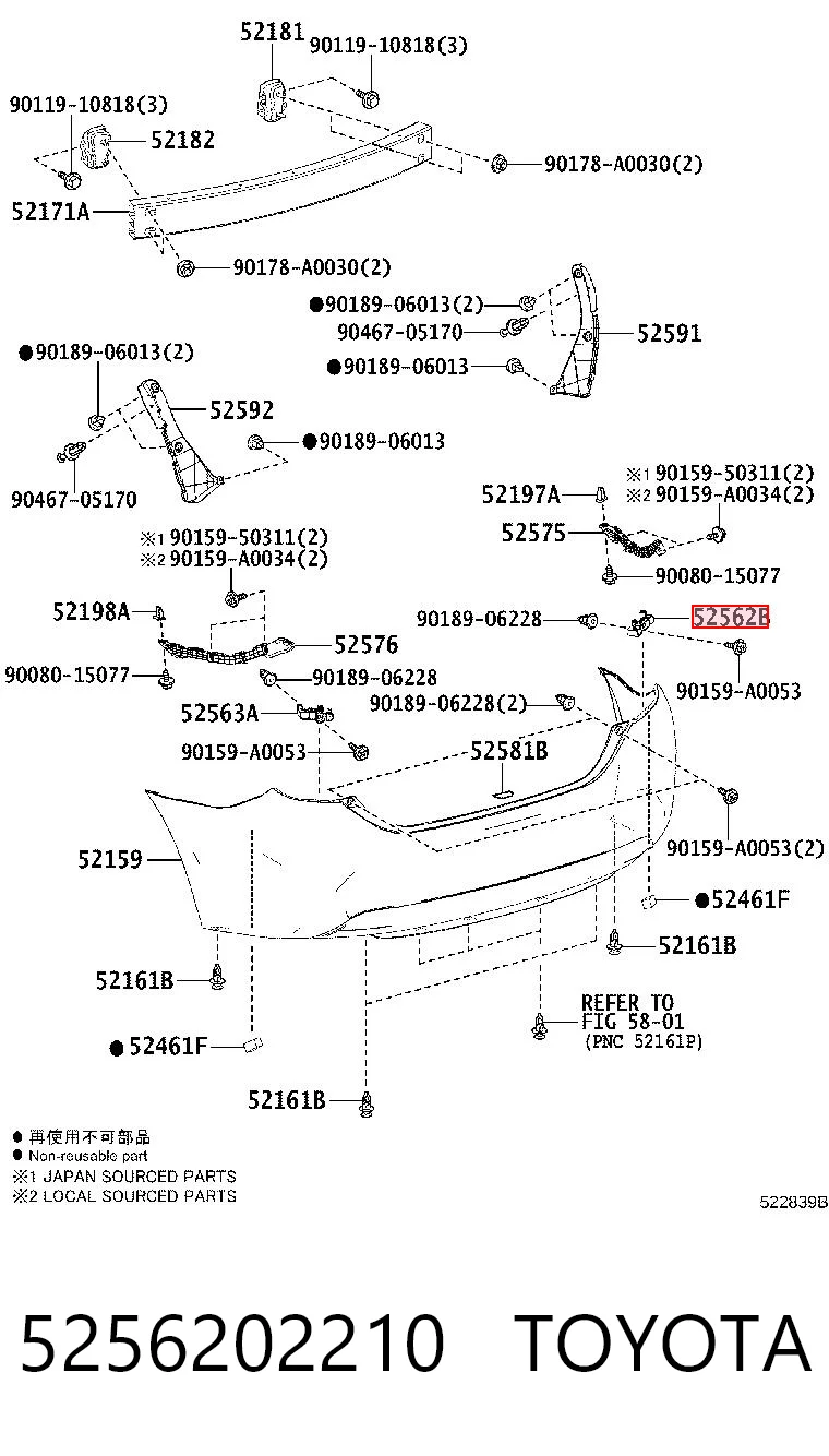 5256202210 Toyota Правое крепление заднего бампера