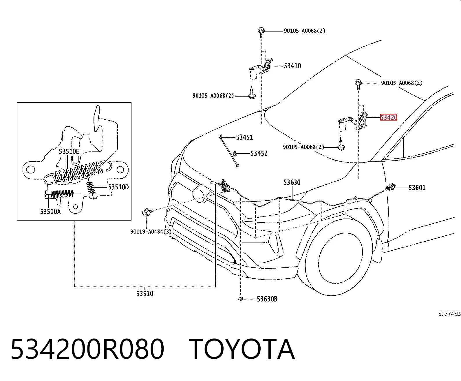 534200R080 Toyota Шарнир капота левый