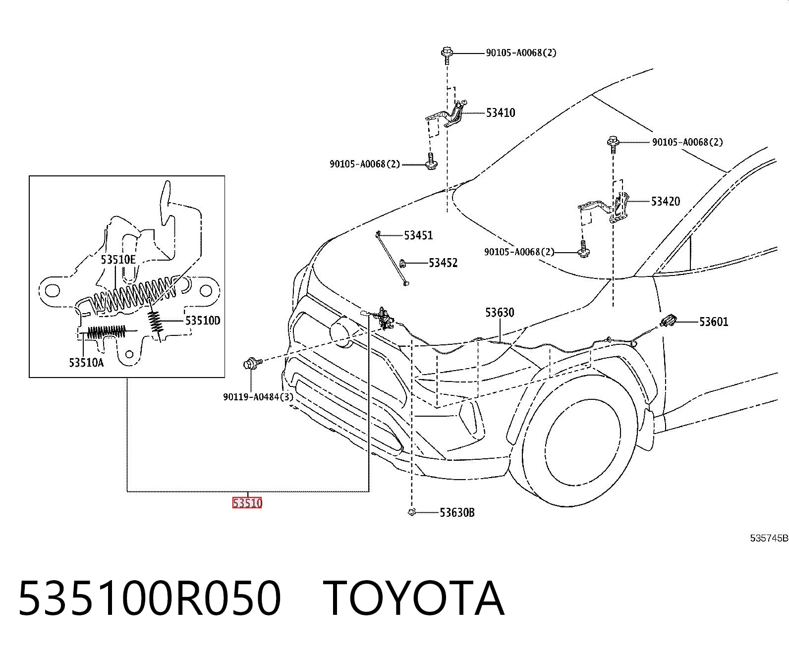 535100R050 Toyota Запор капота (замок и привод замка капота)