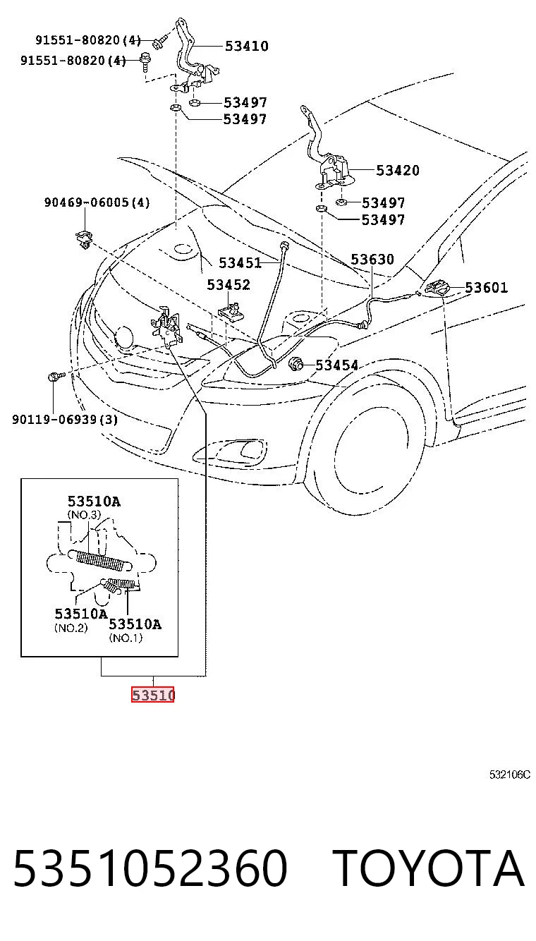 5351052360 Toyota Запор капота (замок и привод замка капота)