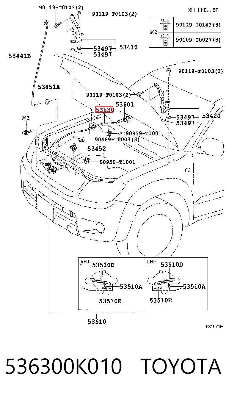 536300K010 Toyota Трос открытия капота