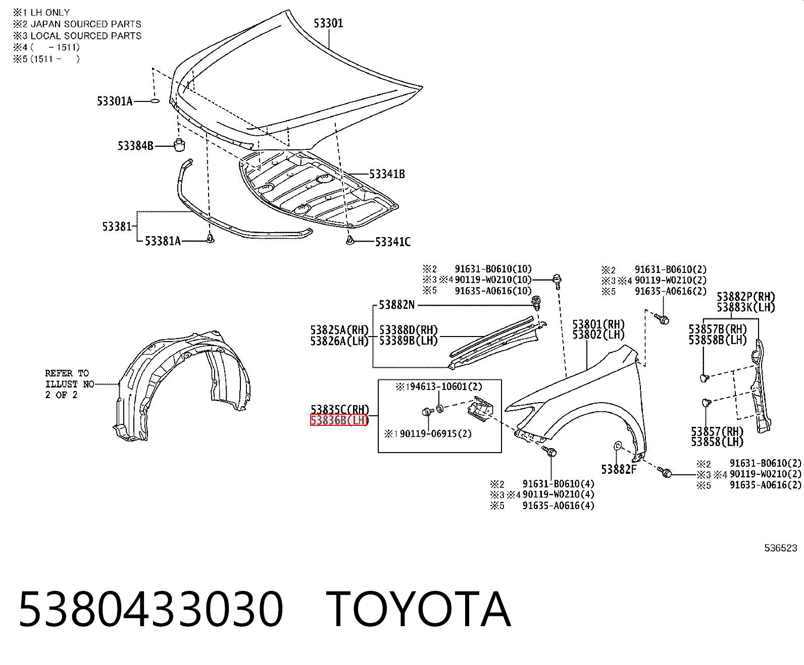 5380433030 Toyota Кронштейн крепления крыла переднего левого передний