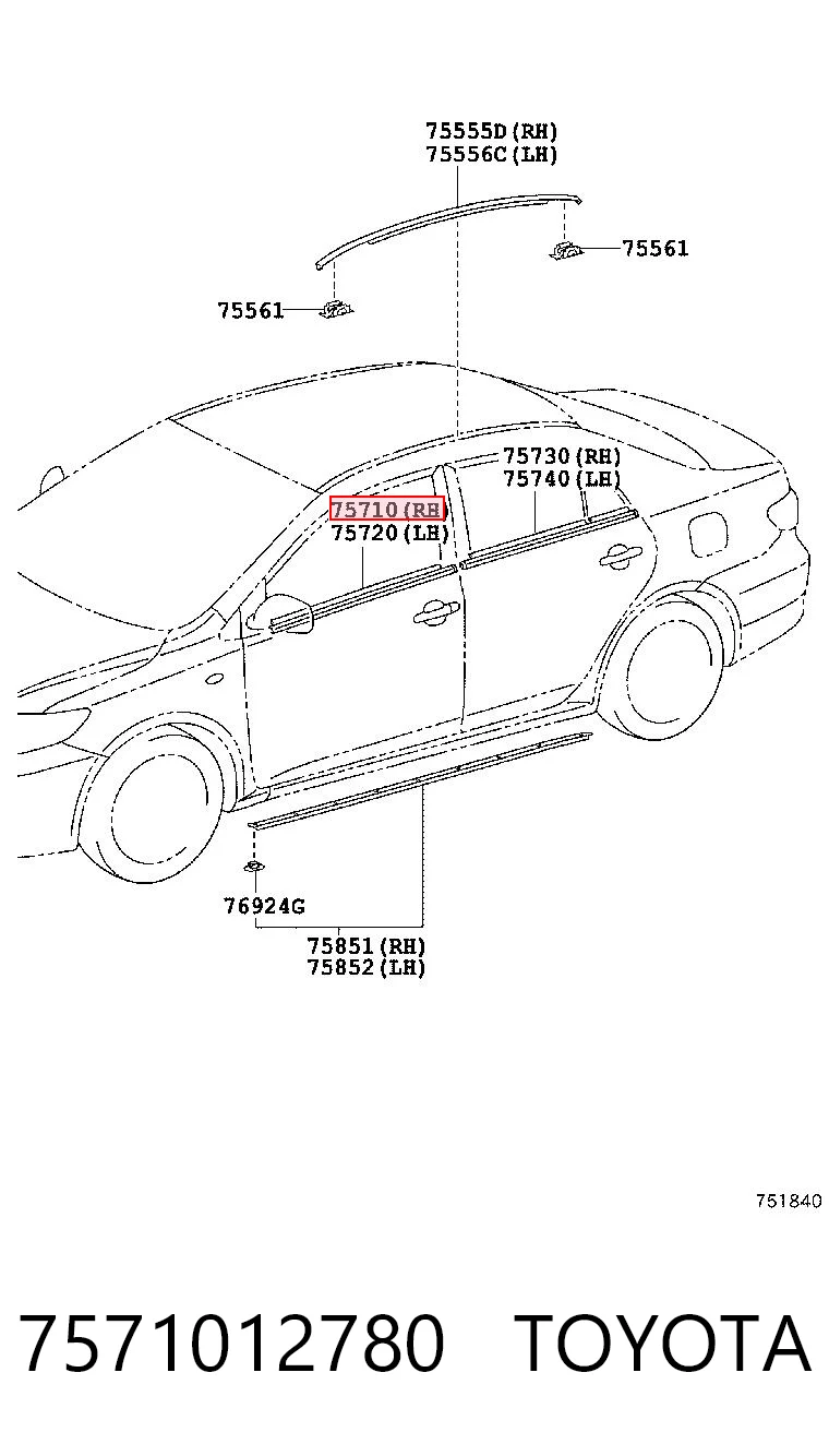 7571012780 Toyota Молдинг опускного стекла нижний, двери передней, правой