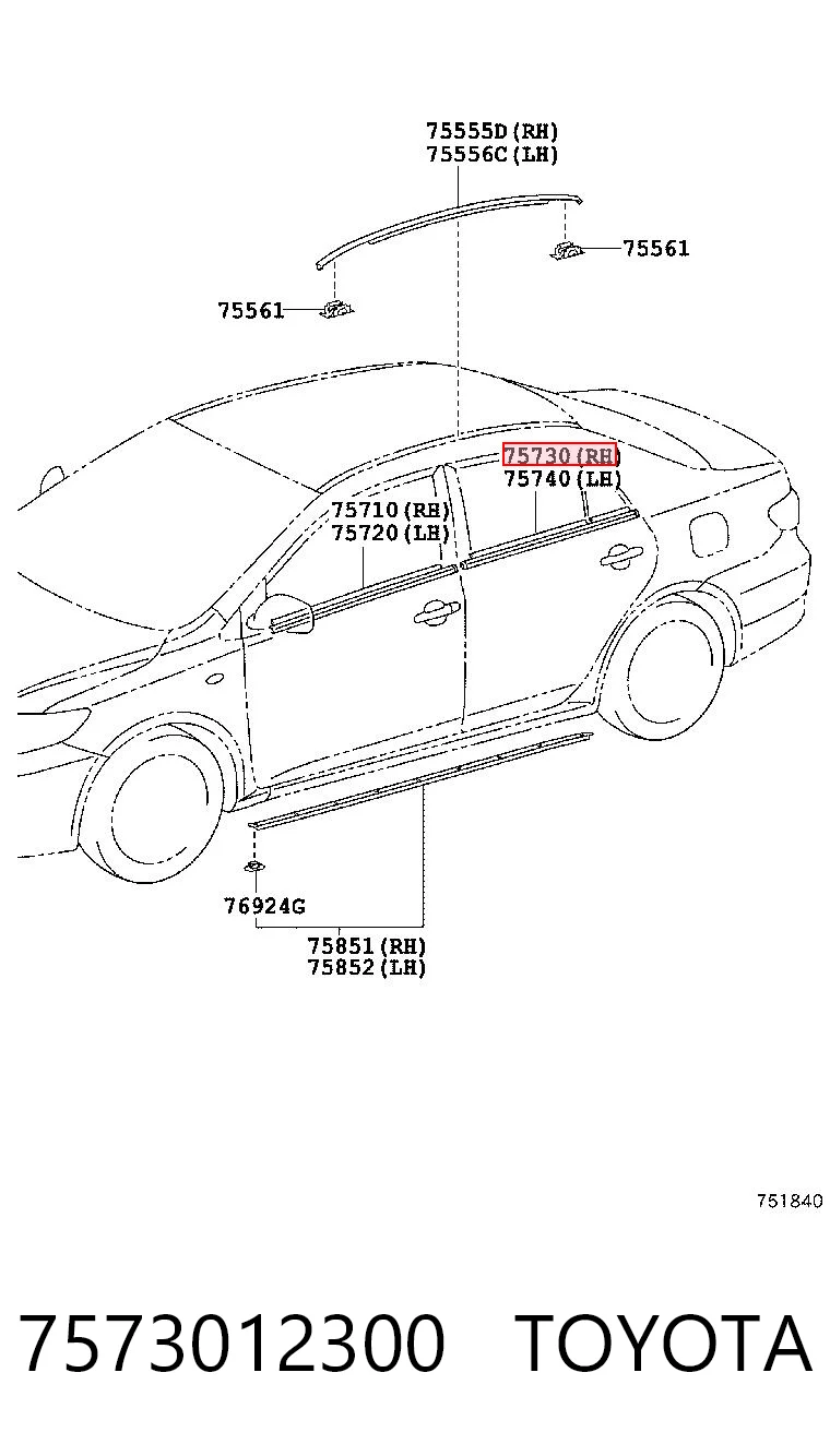 7573012300 Toyota Молдинг опускного стекла нижний, двери задней, правой