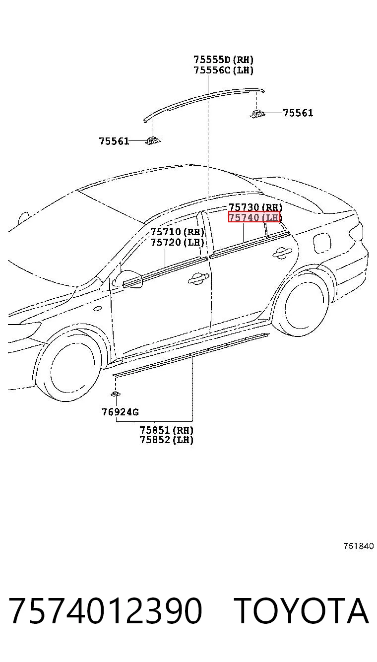 7574012390 Toyota Молдинг опускного стекла нижний, двери задней, левой