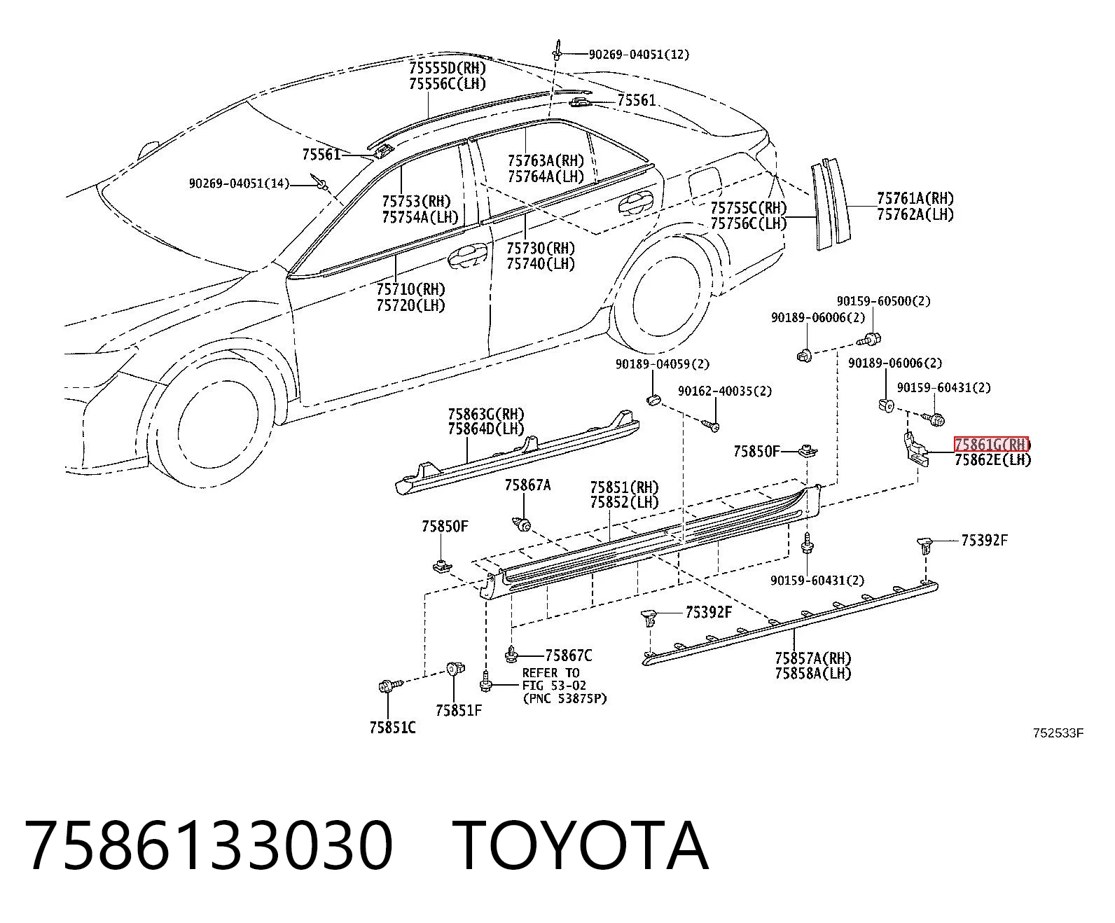7586133030 Toyota Накладка (молдинг) порога наружная передняя правая