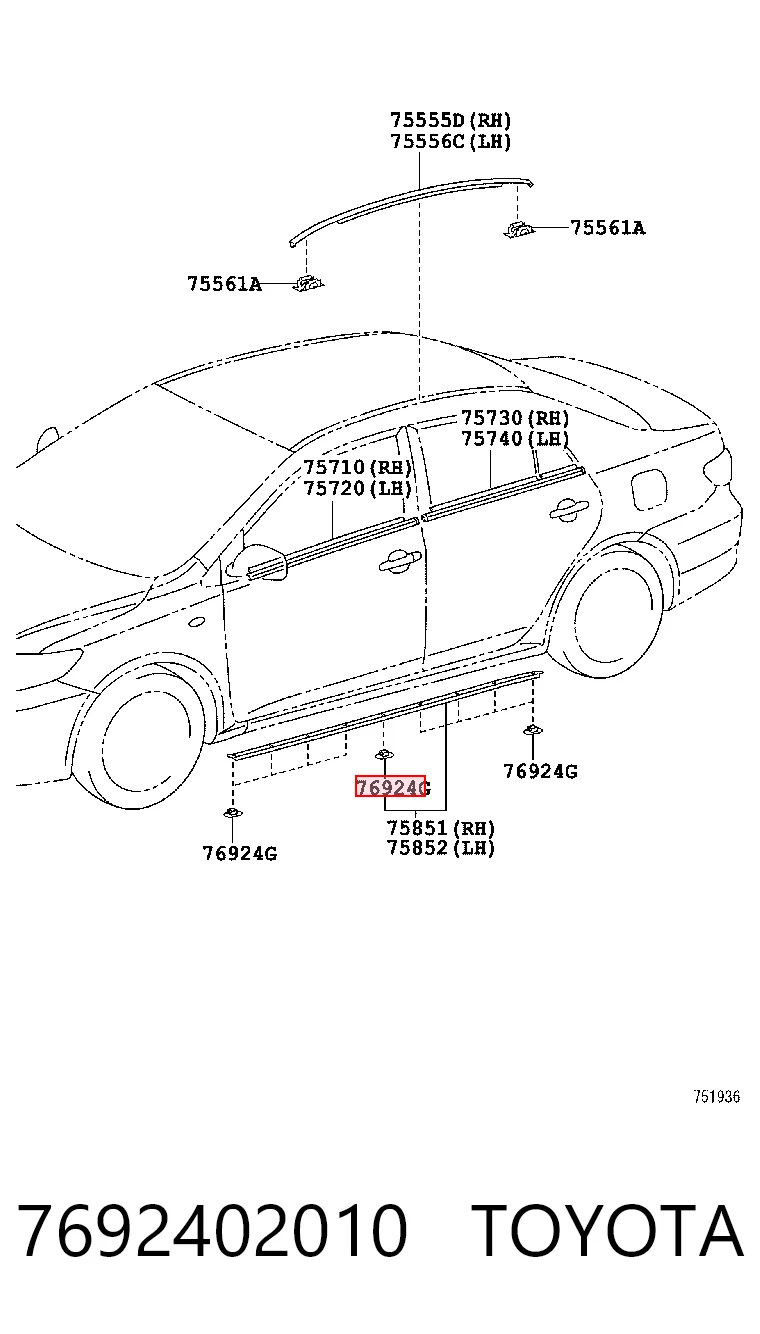 7692402010 Toyota Пистон (клип) крепления накладок порогов