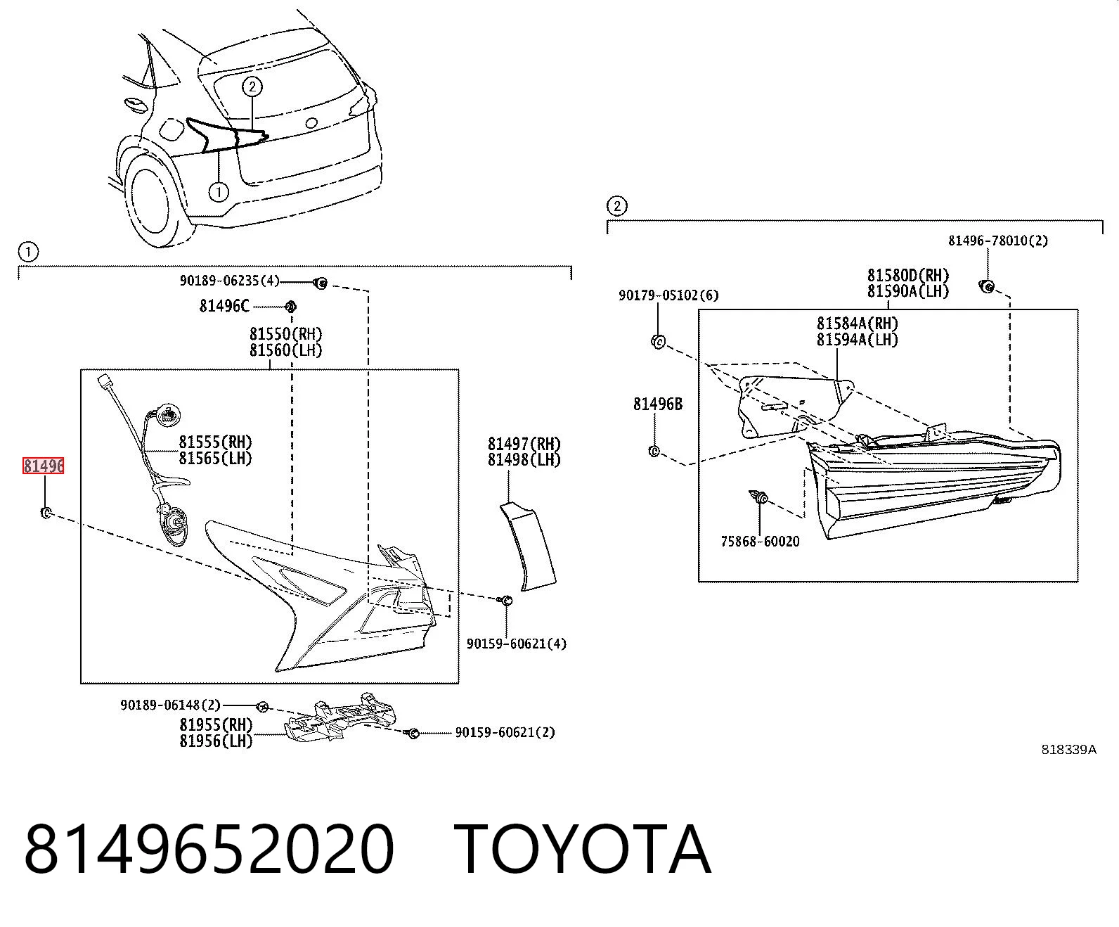 8149652020 Toyota Клипса крепления заднего фонаря