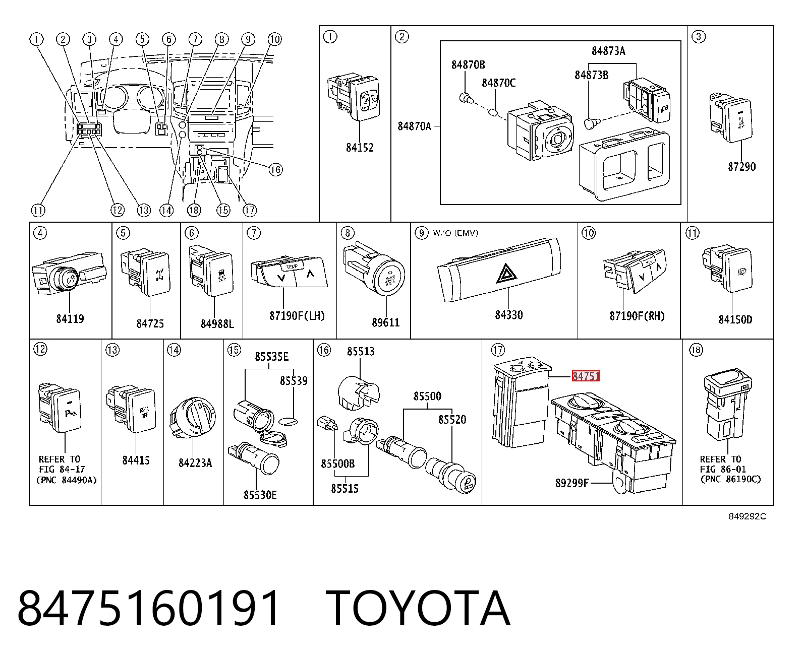 8475160191 Toyota Кнопка включения обогрева сидения